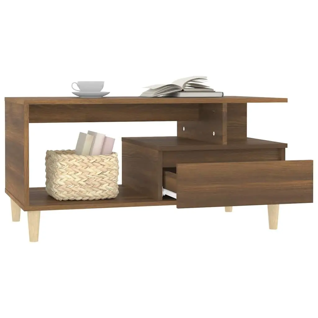Coffee Table Brown Oak Open Compartment Storage Drawer Living Room Accent
