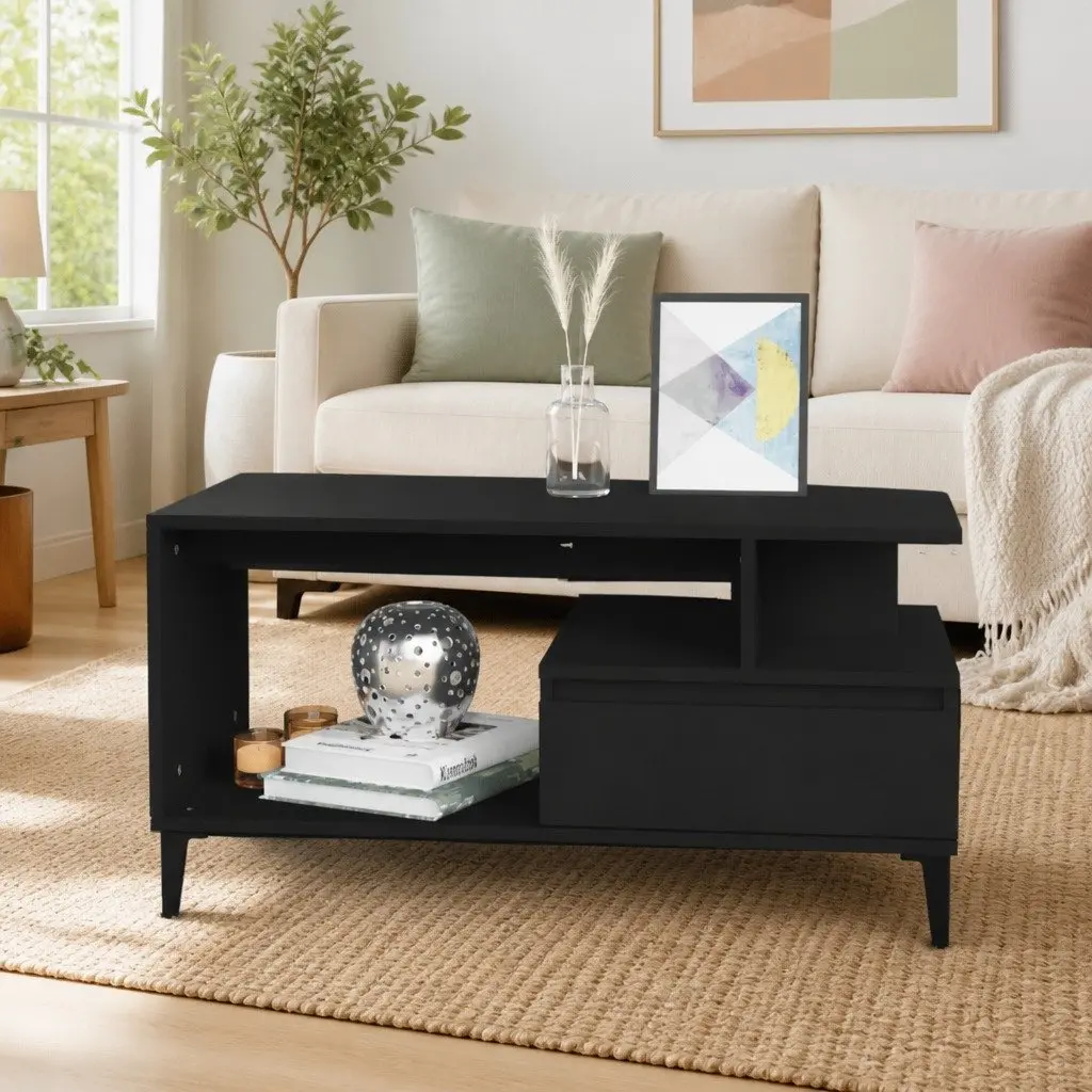 Coffee Table Black Engineered Wood Living Room Accent Storage Furniture