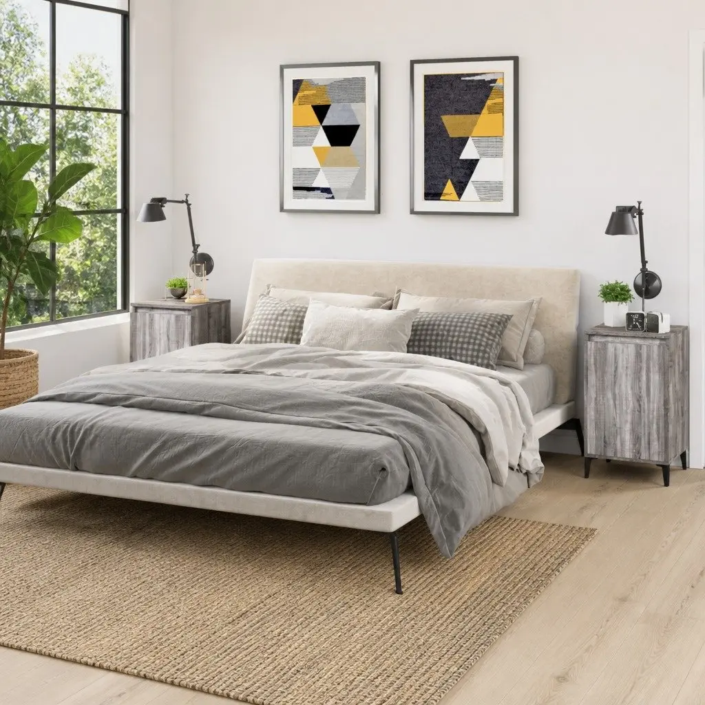 Grey Engineered Wood Nightstands Set of 2 for Bedroom Storage with Metal Legs and 2 Compartment Doors