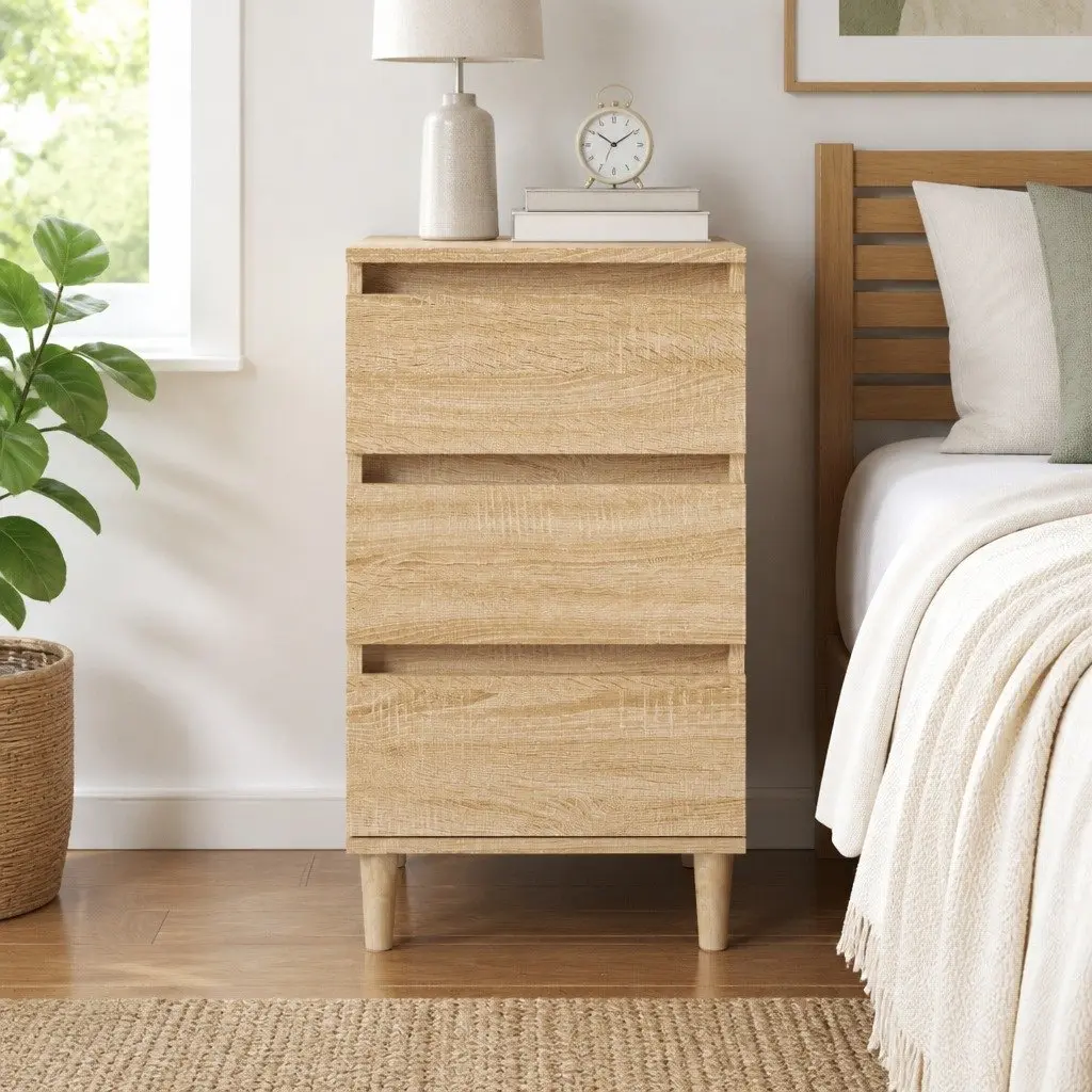 Bedside Cabinet Bedroom Storage 3 Drawer Brown Engineered Wood Nightstand