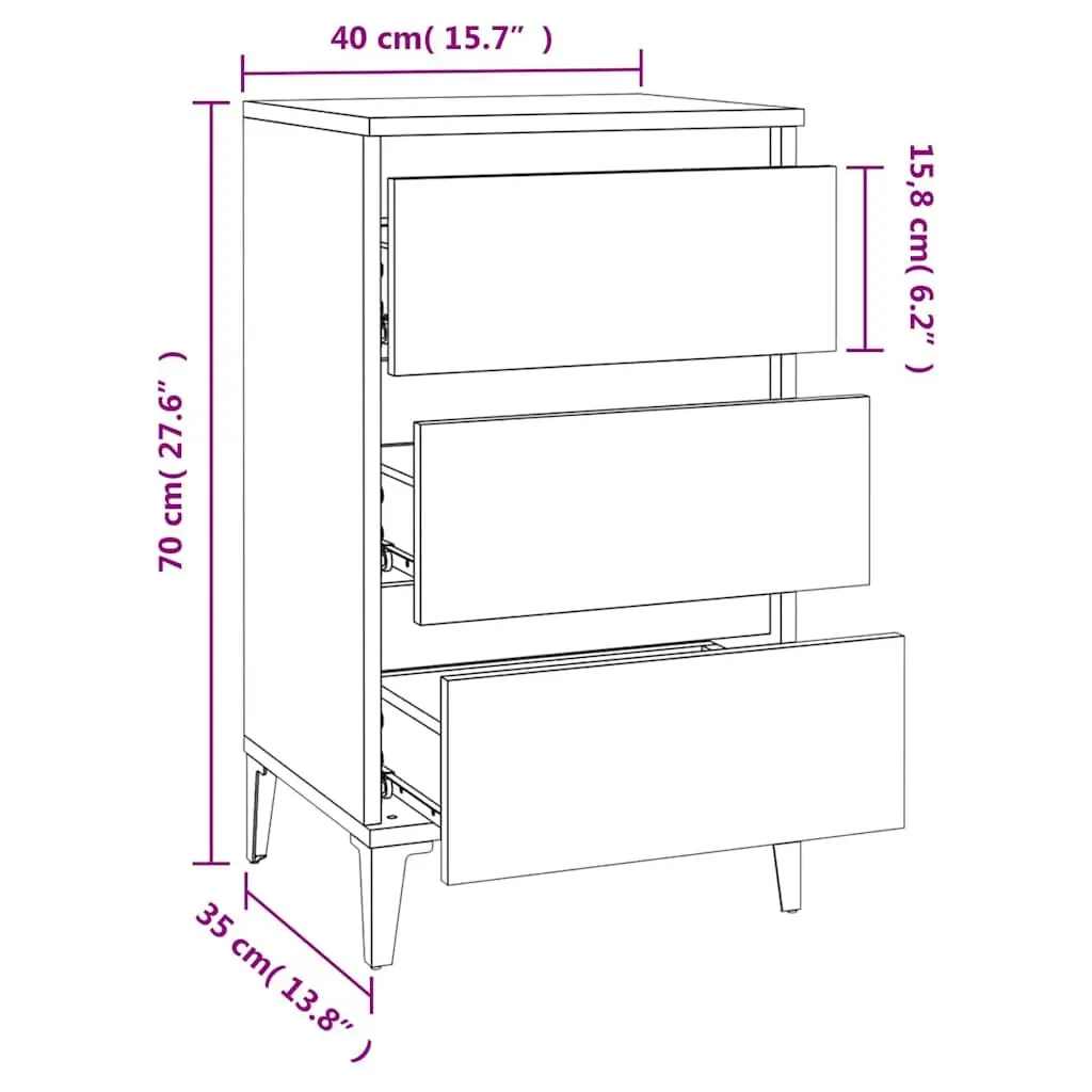 Bedside Cabinet White Industrial Style Nightstand 40x35x70cm 3 Drawer Storage