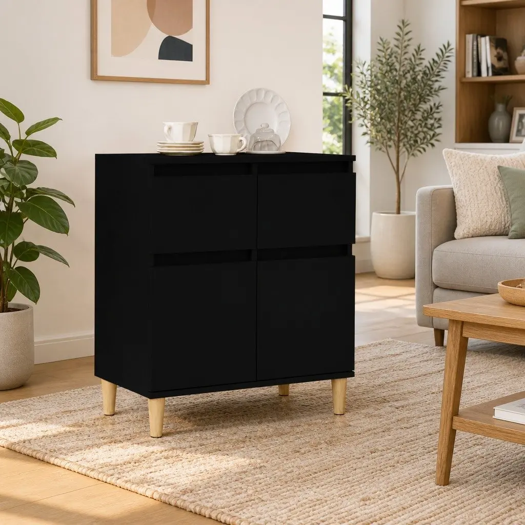 Sideboard Black Living Room 60x35x70 cm Buffet Cabinet Storage Cupboard 2 Drawers 2 Doors