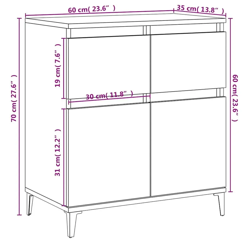 Sideboard Storage Cabinet for Living Room Bedroom Kitchen Office 60x35x70cm High Gloss Engineered Wood 2 Drawer