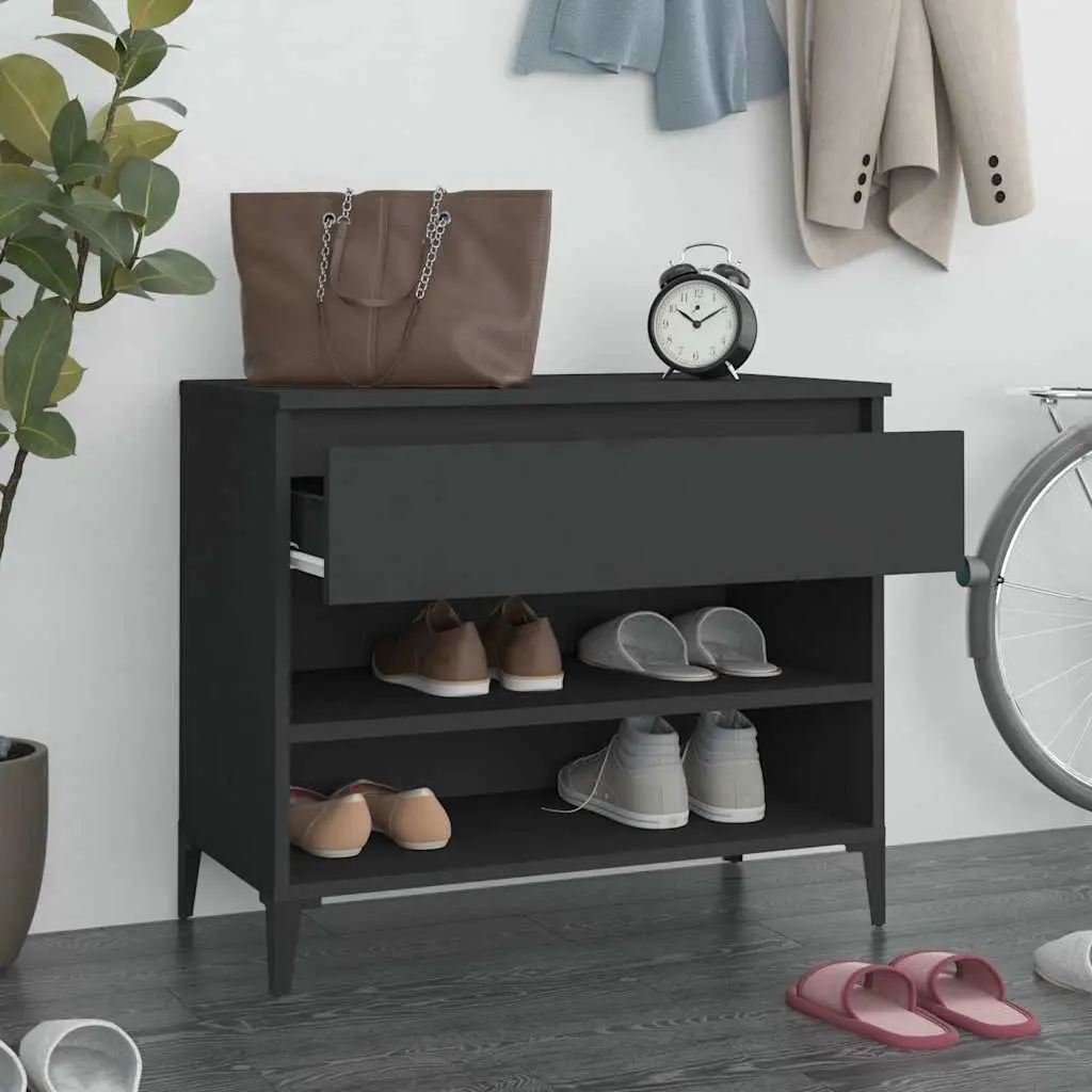 Shoe Cabinet Black Hallway 70x36x60cm Engineered Wood Storage Organiser 2 Compartments
