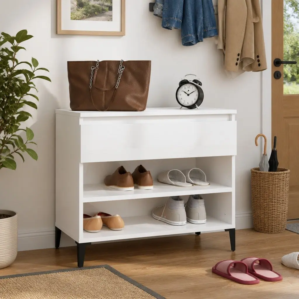 Shoe Cabinet White High Gloss Storage Engineered Wood 70x36x60cm Hallway