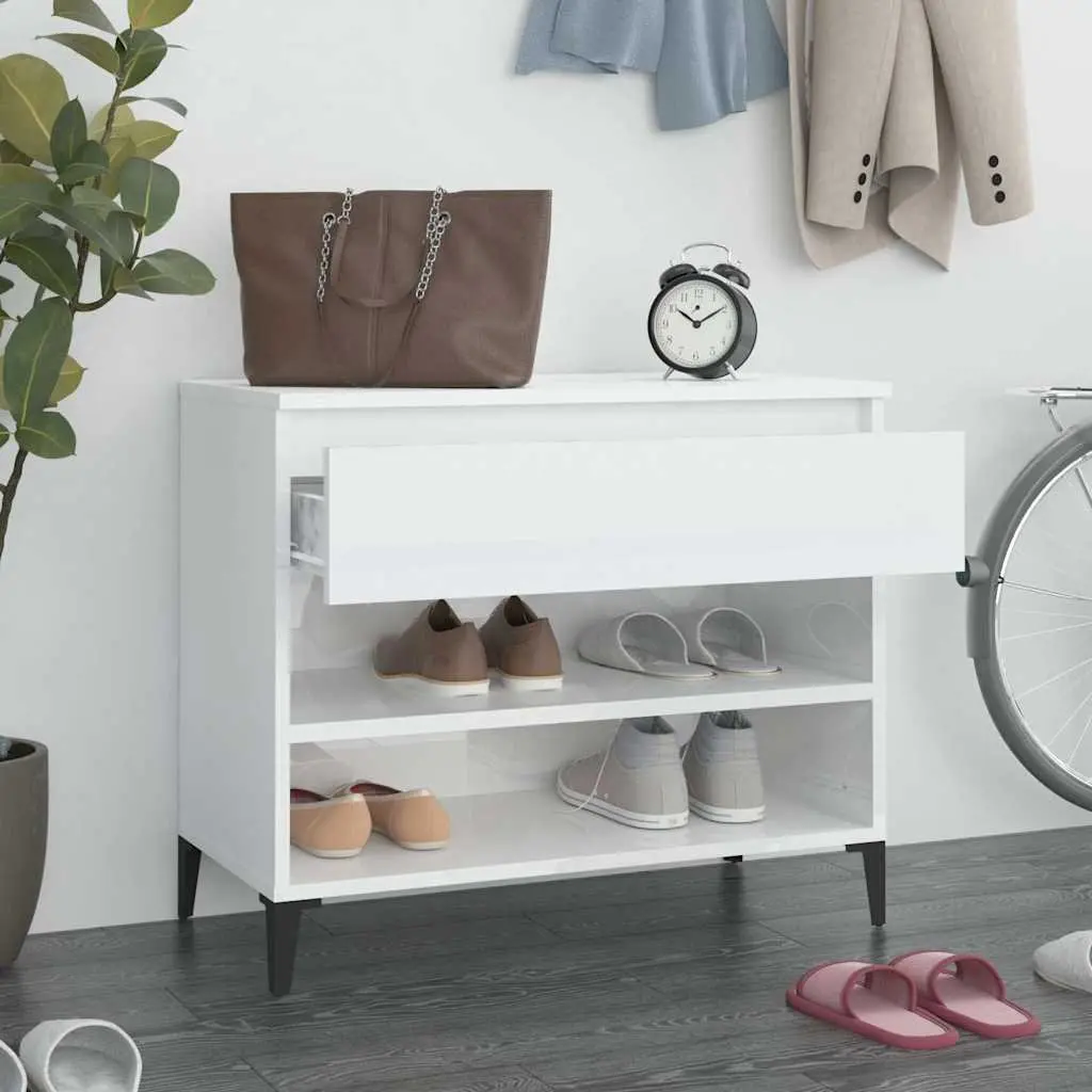 Shoe Cabinet White High Gloss Storage Engineered Wood 70x36x60cm Hallway