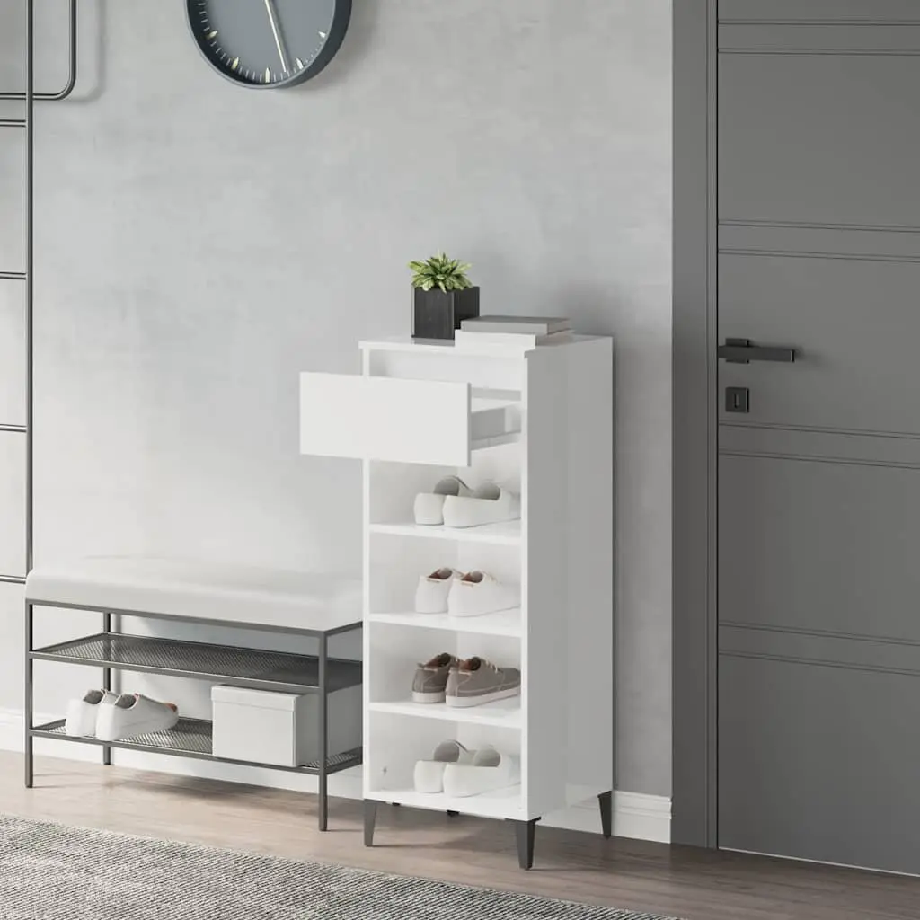 Shoe Rack High Gloss White Storage Cabinet with Drawer 3 Shelves Organiser