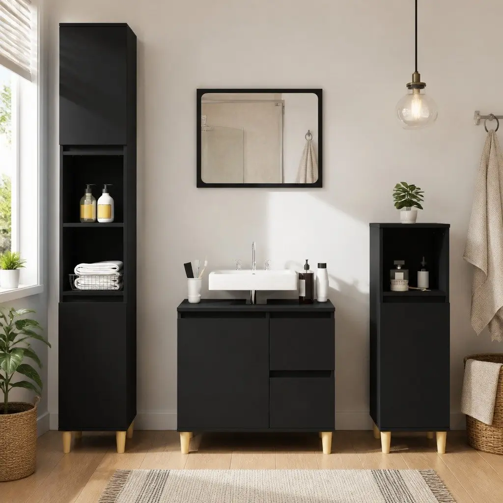 Bathroom Cabinet Black Storage Unit Engineered Wood 30x30x100cm