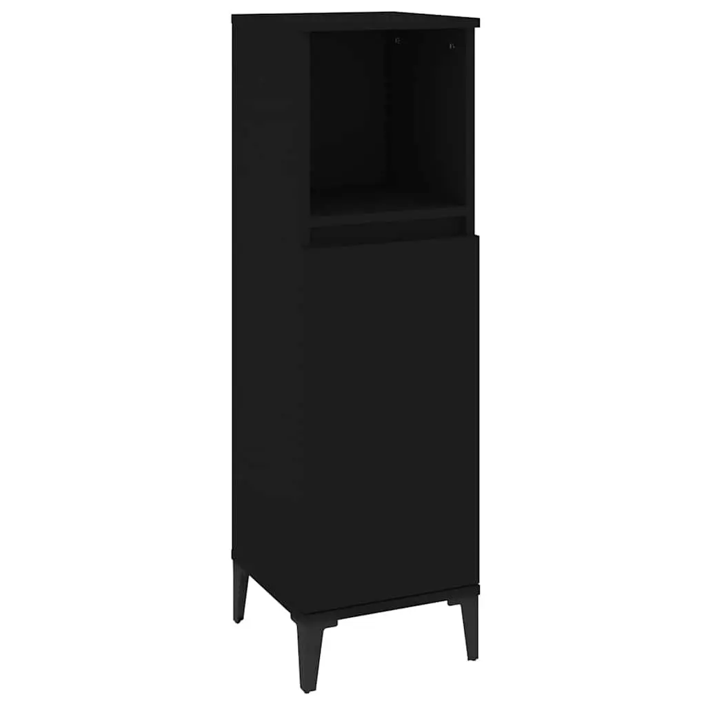 Black Engineered Wood Bathroom Storage Cabinet 30x30x100cm with 1 Open and 2 Door Compartments