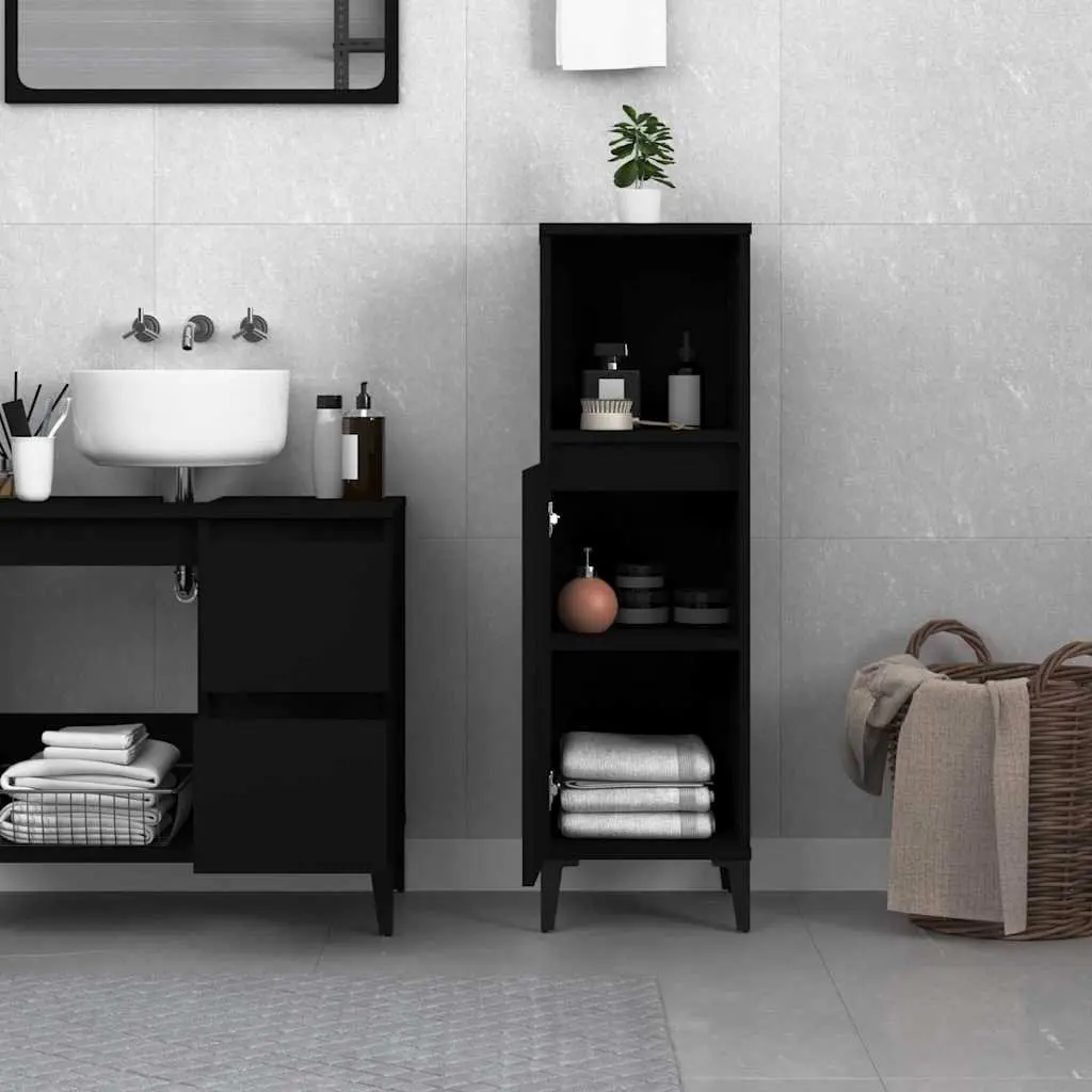 Black Engineered Wood Bathroom Storage Cabinet 30x30x100cm with 1 Open and 2 Door Compartments