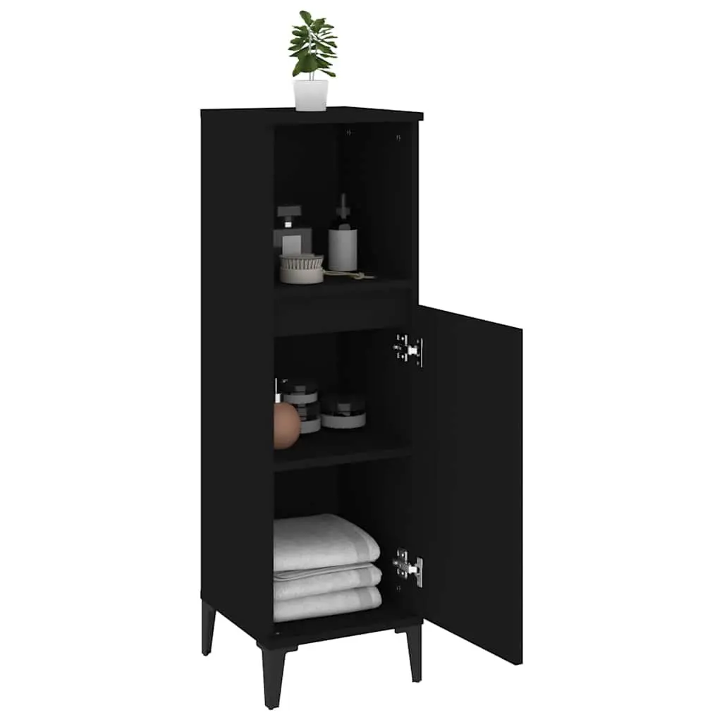 Black Engineered Wood Bathroom Storage Cabinet 30x30x100cm with 1 Open and 2 Door Compartments