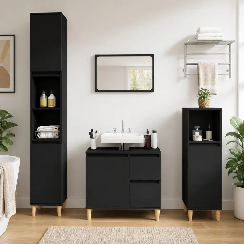 Black Bathroom Vanity Cabinet Engineered Wood Storage Unit with Drawers 65x33x60 cm