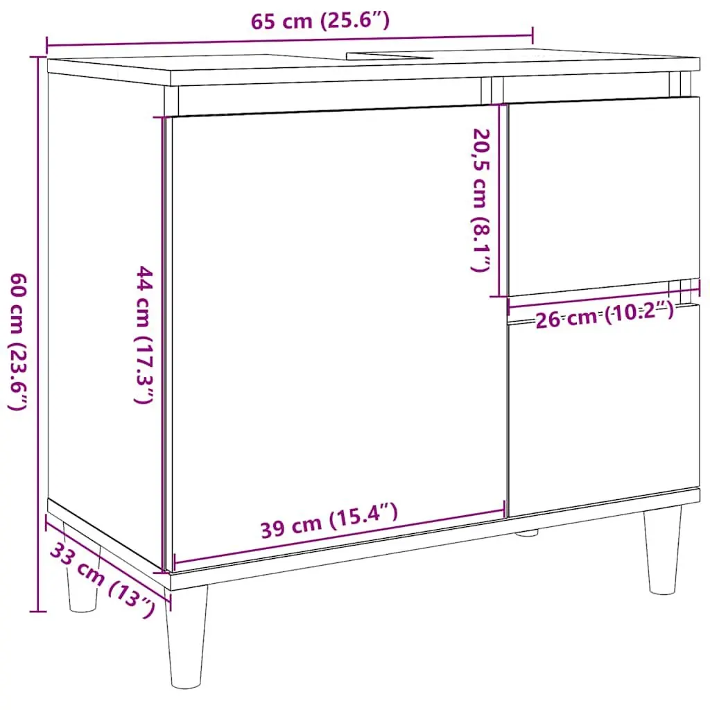 Black Bathroom Vanity Cabinet Engineered Wood Storage Unit with Drawers 65x33x60 cm