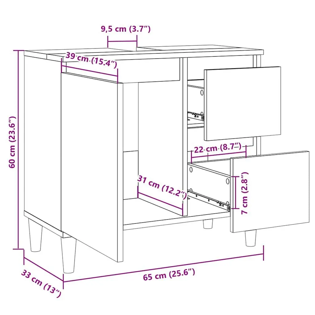 Black Bathroom Vanity Cabinet Engineered Wood Storage Unit with Drawers 65x33x60 cm