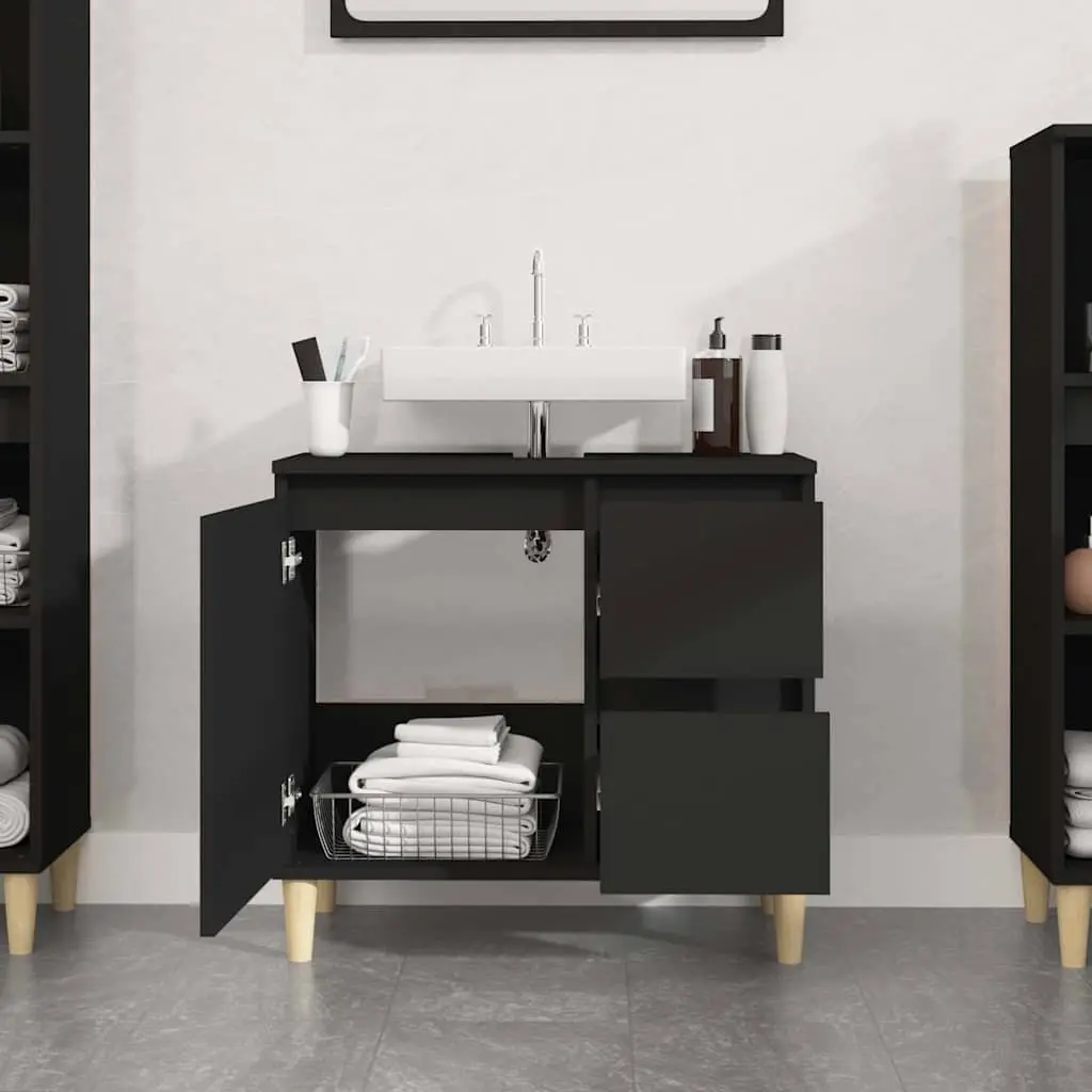 Black Bathroom Vanity Cabinet Engineered Wood Storage Unit with Drawers 65x33x60 cm