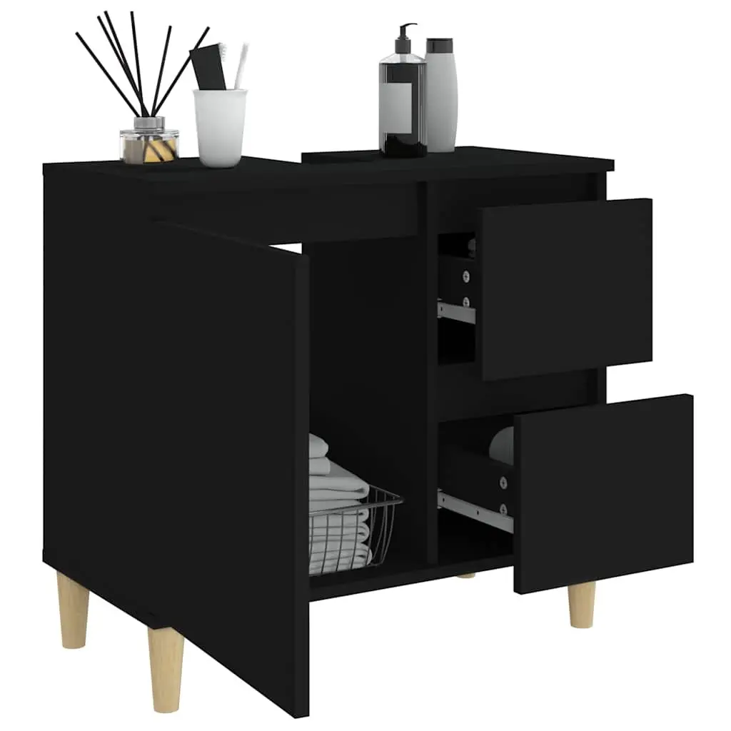 Black Bathroom Vanity Cabinet Engineered Wood Storage Unit with Drawers 65x33x60 cm