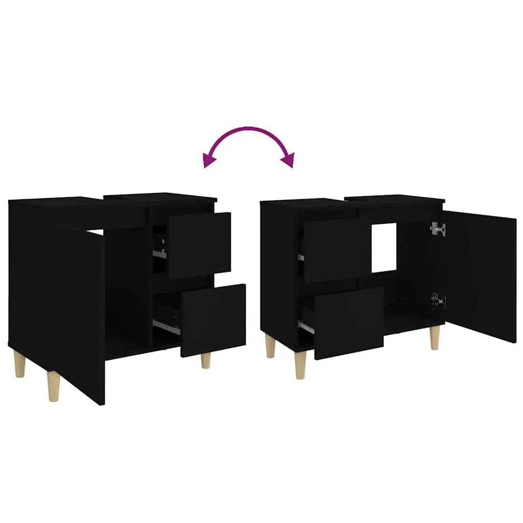 Black Bathroom Vanity Cabinet Engineered Wood Storage Unit with Drawers 65x33x60 cm