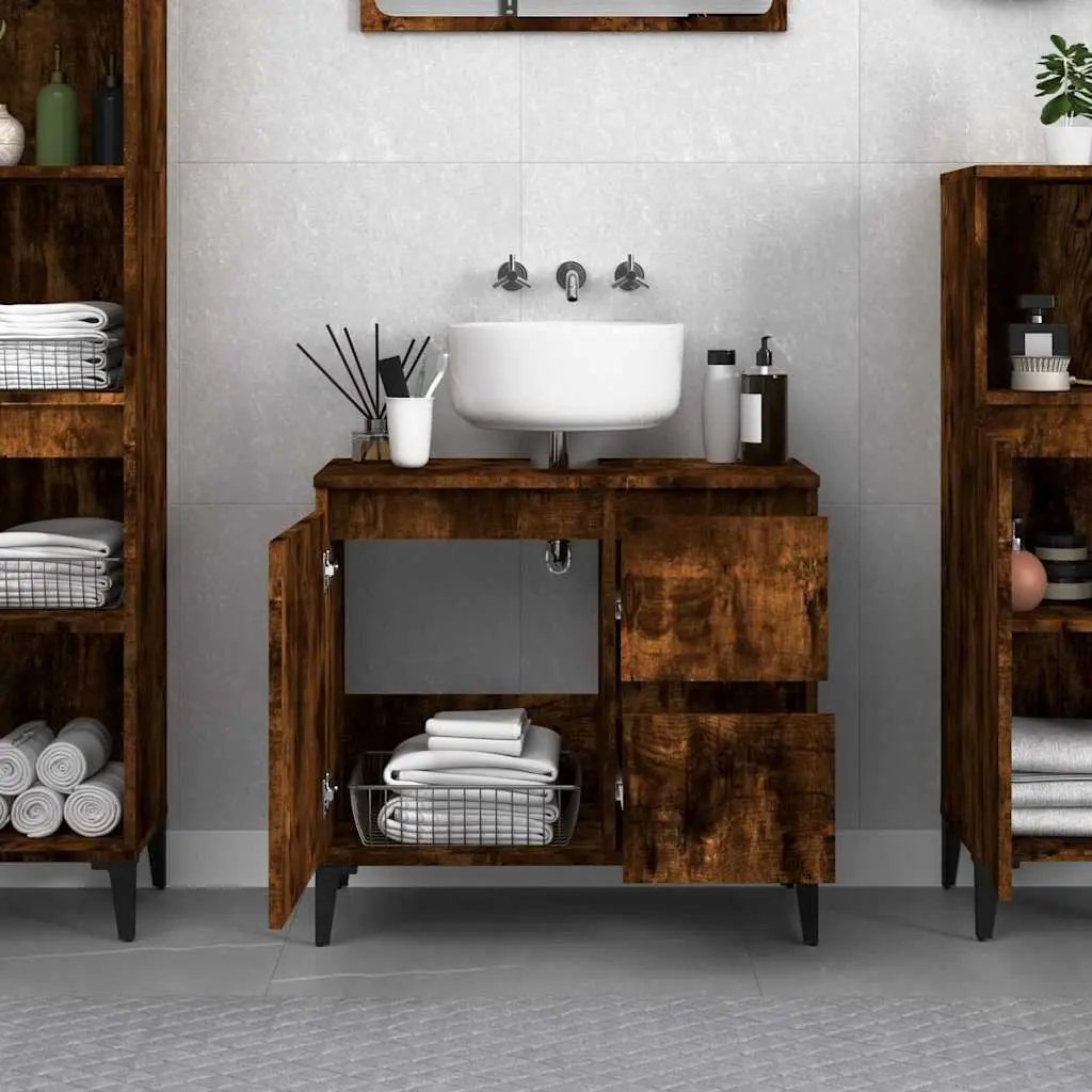 Bathroom Vanity Cabinet Brown Engineered Wood Storage Unit 65x33x60cm
