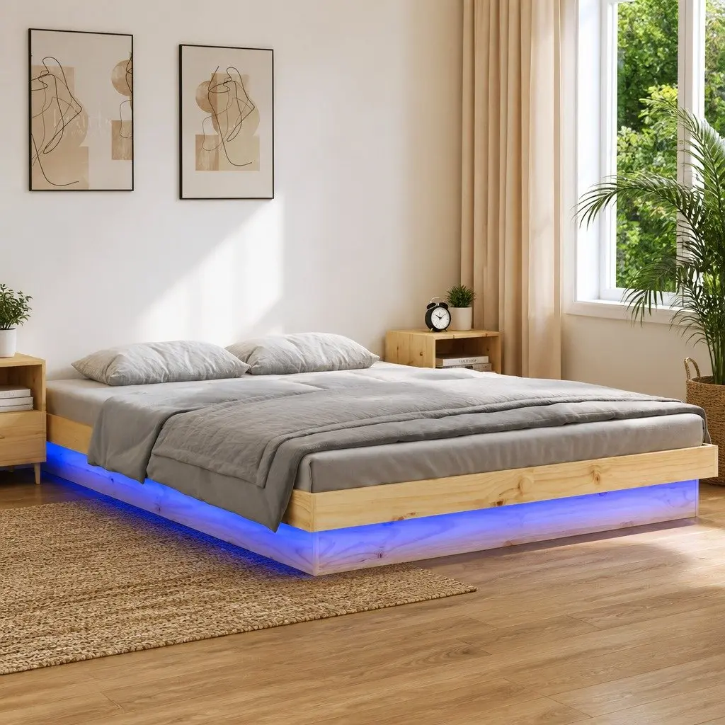 Solid Wood Bed Frame for Bedroom 150x200 cm Brown with LED Lighting
