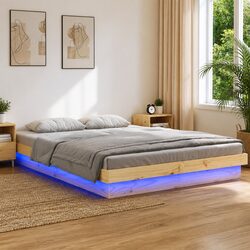 150x200 cm Brown Solid Wood Bed Frame with LED