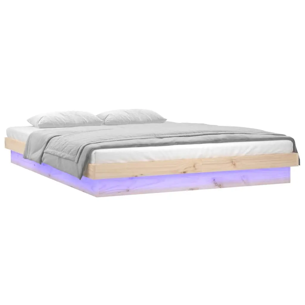 Solid Wood Bed Frame for Bedroom 150x200 cm Brown with LED Lighting