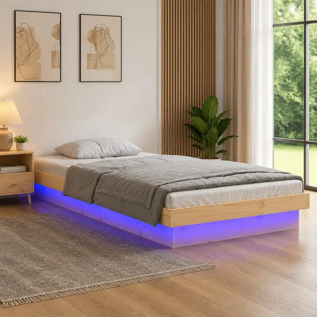 LED Bed Frame in Brown Solid Wood 90x190 cm