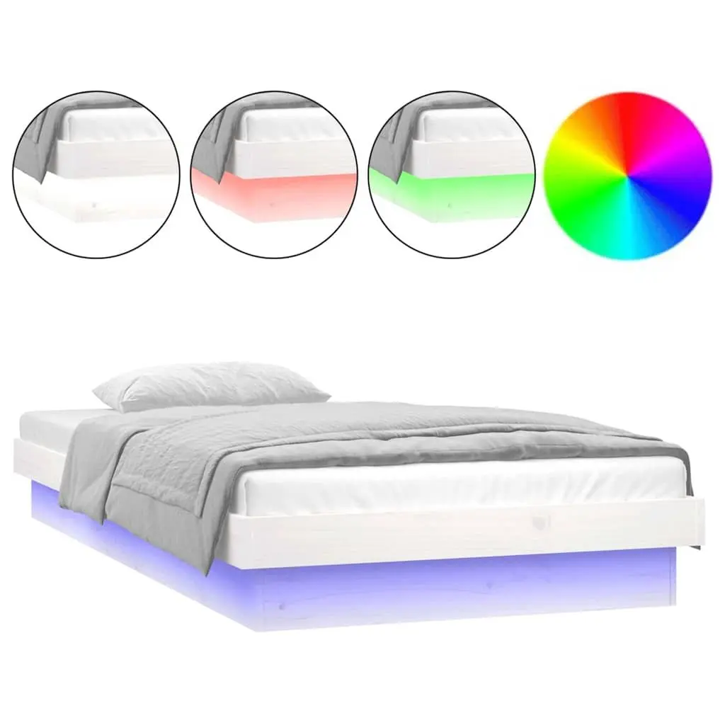 LED Bed Frame White 90x190cm Solid Pine Wood Slatted Base Remote Control Lights