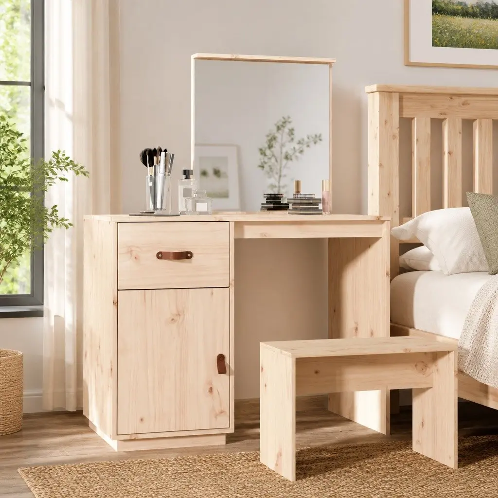 Dressing Table 95x50x134 cm in Solid Pine Wood with Drawer and Mirror