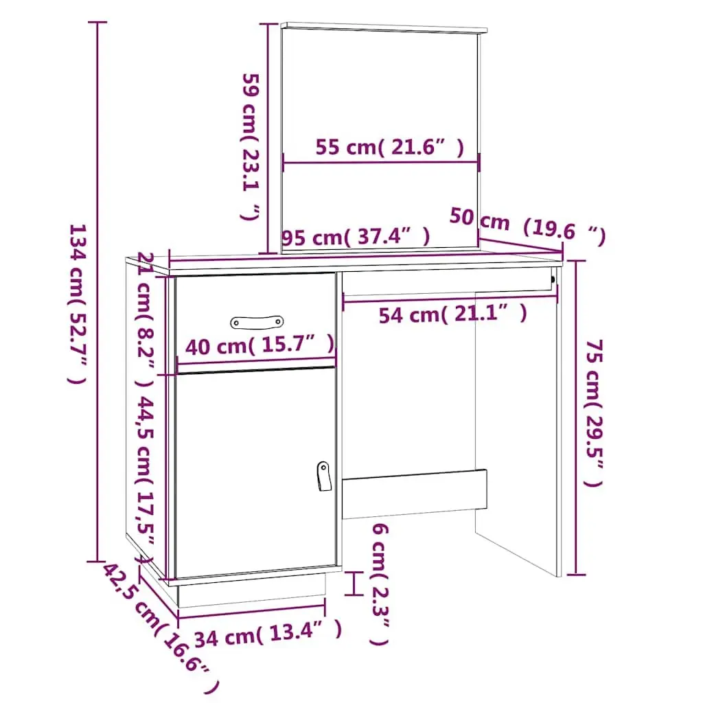 Dressing Table 95x50x134 cm in Solid Pine Wood with Drawer and Mirror