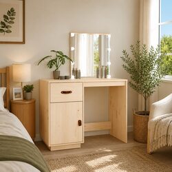 Dressing Table Specs: Solid Pine Wood, LED Mirror, Brown Finish