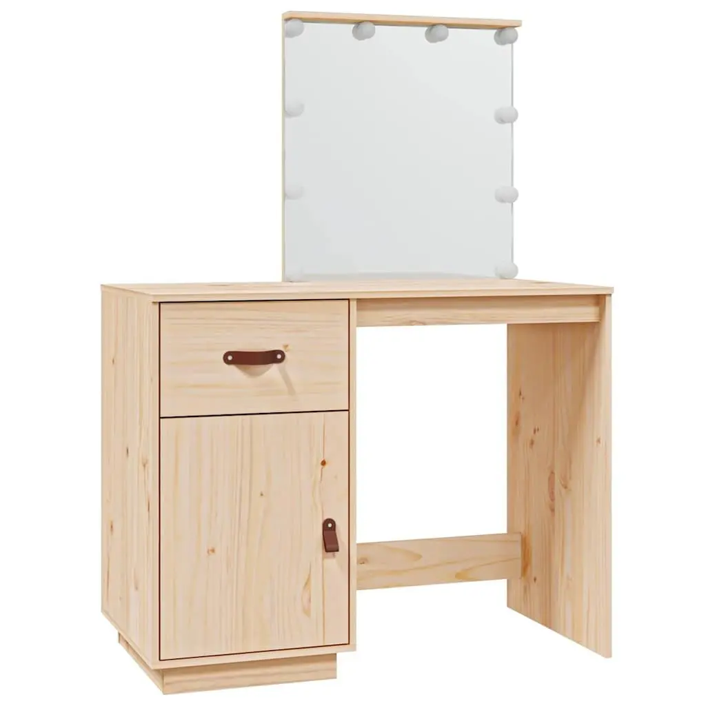 Bedroom Dressing Table with LED Mirror Brown Solid Pine Wood Vanity Desk Storage