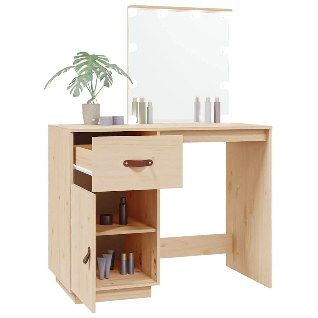 Bedroom Dressing Table with LED Mirror Brown Solid Pine Wood Vanity Desk Storage