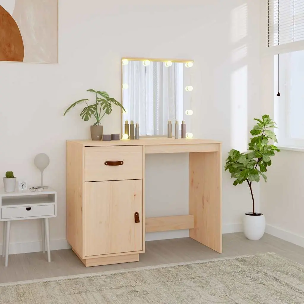 Bedroom Dressing Table with LED Mirror Brown Solid Pine Wood Vanity Desk Storage