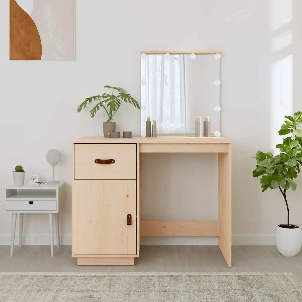 Bedroom Dressing Table with LED Mirror Brown Solid Pine Wood Vanity Desk Storage