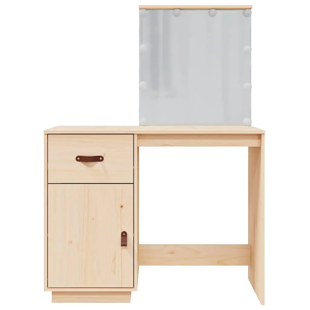 Bedroom Dressing Table with LED Mirror Brown Solid Pine Wood Vanity Desk Storage
