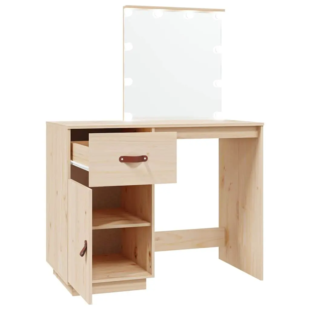 Bedroom Dressing Table with LED Mirror Brown Solid Pine Wood Vanity Desk Storage
