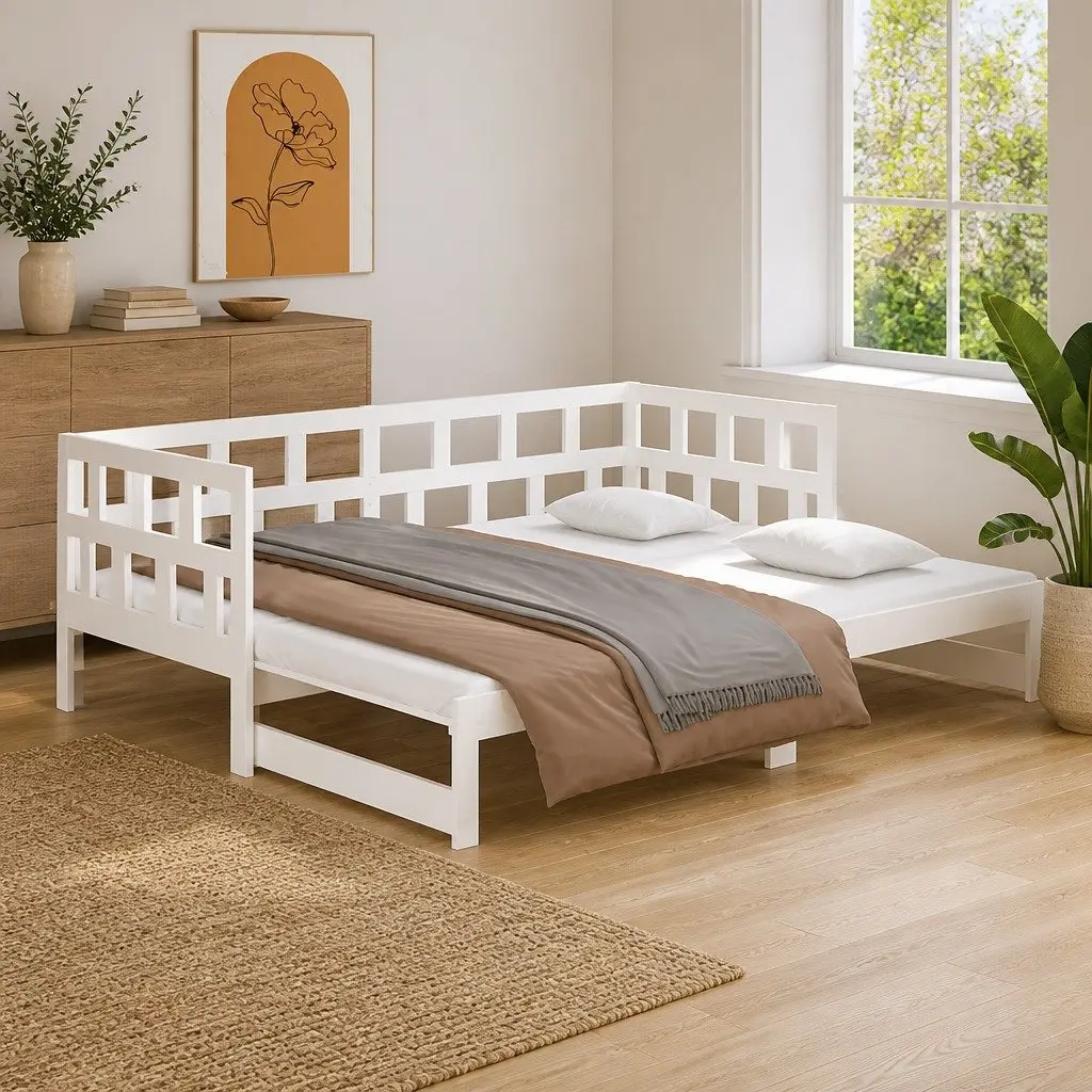 Pull-out Day Bed Frame Sofa Bed White Solid Pine Wood Guest Bed 2x90x190cm