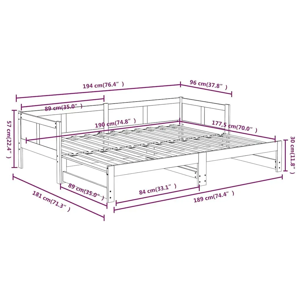 90x190cm Pull-out Day Bed Frame in Solid Pine Wood