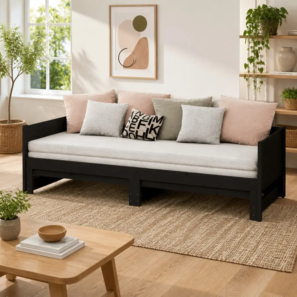Pull-out Day Bed Sofa Bed Frame Wooden Convertible Guest Bed Black 90x190cm