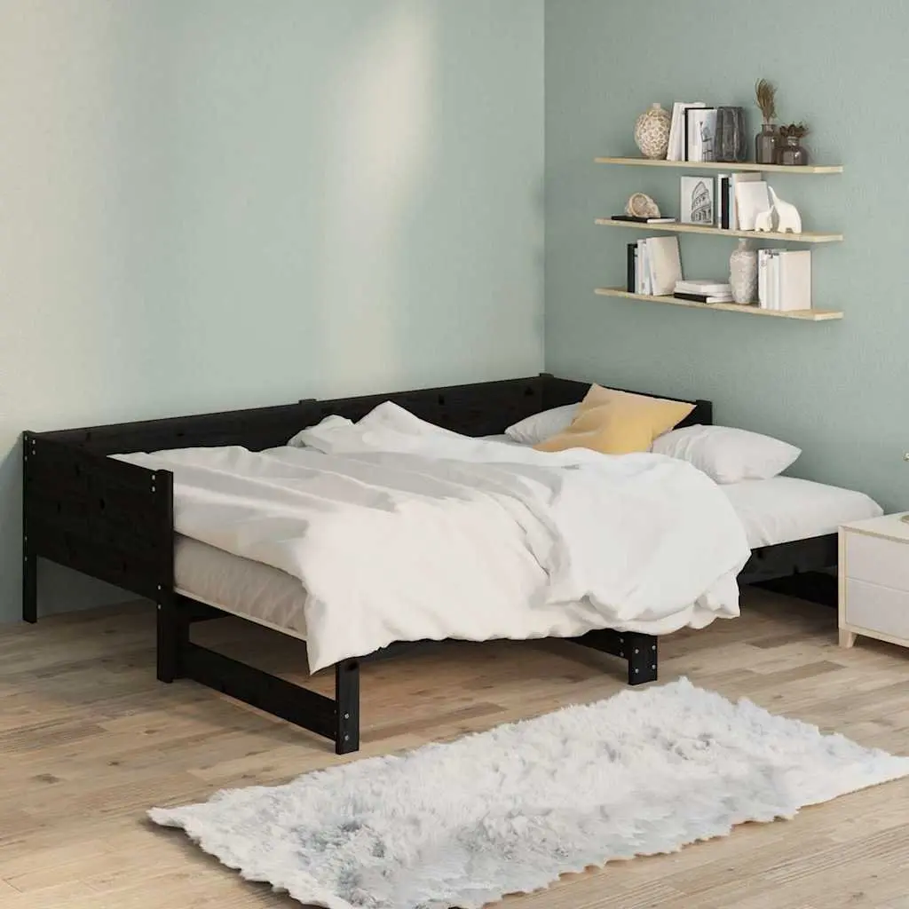 Pull-out Day Bed Sofa Bed Frame Wooden Convertible Guest Bed Black 90x190cm