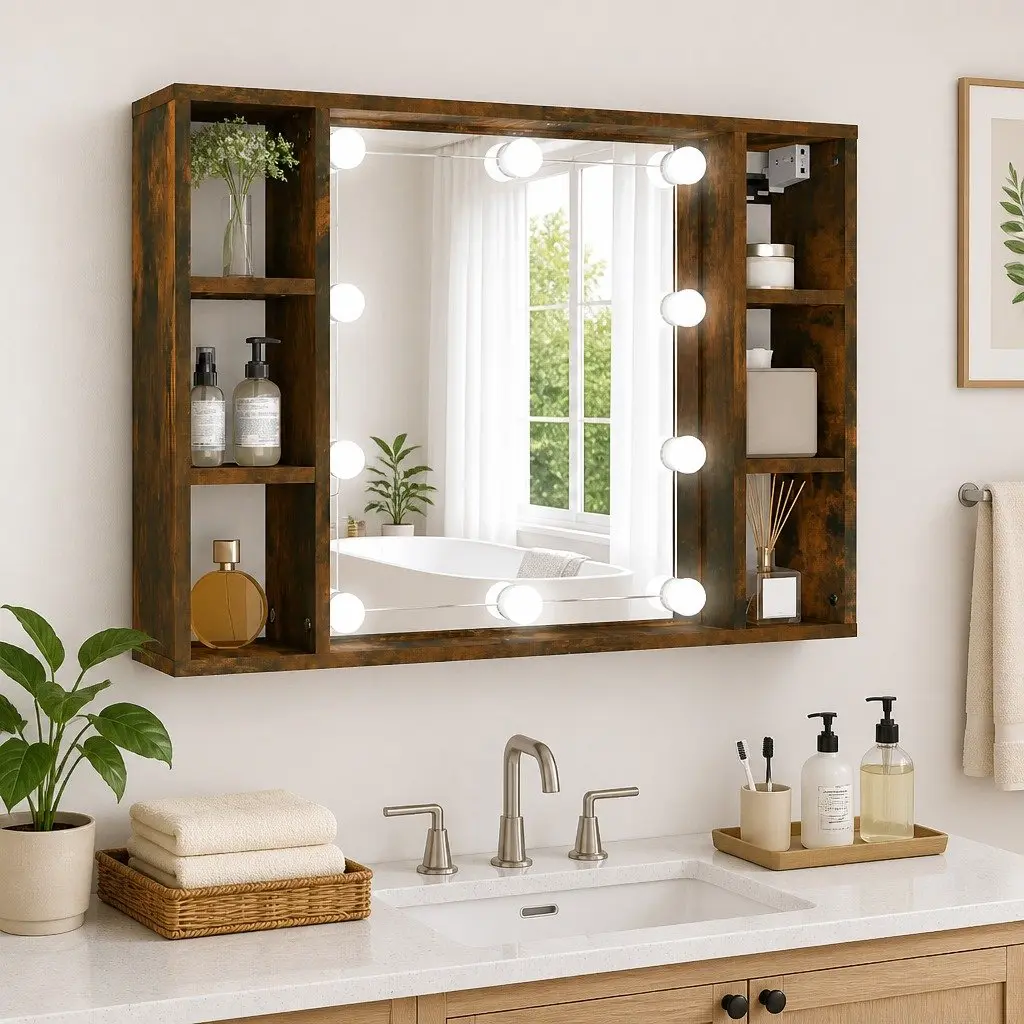 Mirror Cabinet Bathroom Wall-Mounted Storage Organizer with LED Lights Brown 76x15x55 cm