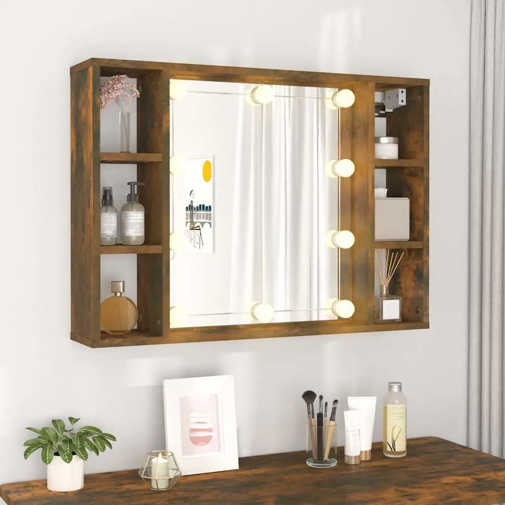 Mirror Cabinet Bathroom Wall-Mounted Storage Organizer with LED Lights Brown 76x15x55 cm