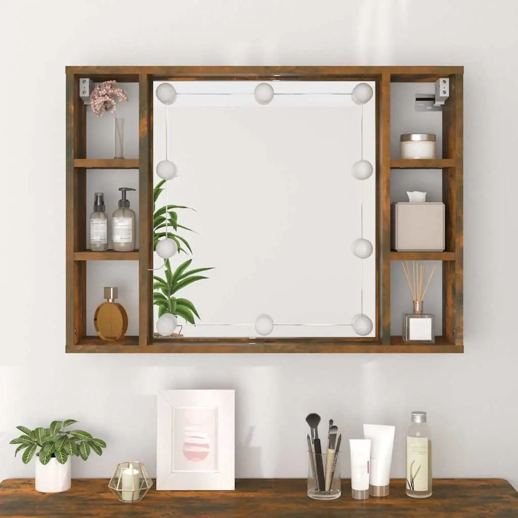 Mirror Cabinet Bathroom Wall-Mounted Storage Organizer with LED Lights Brown 76x15x55 cm
