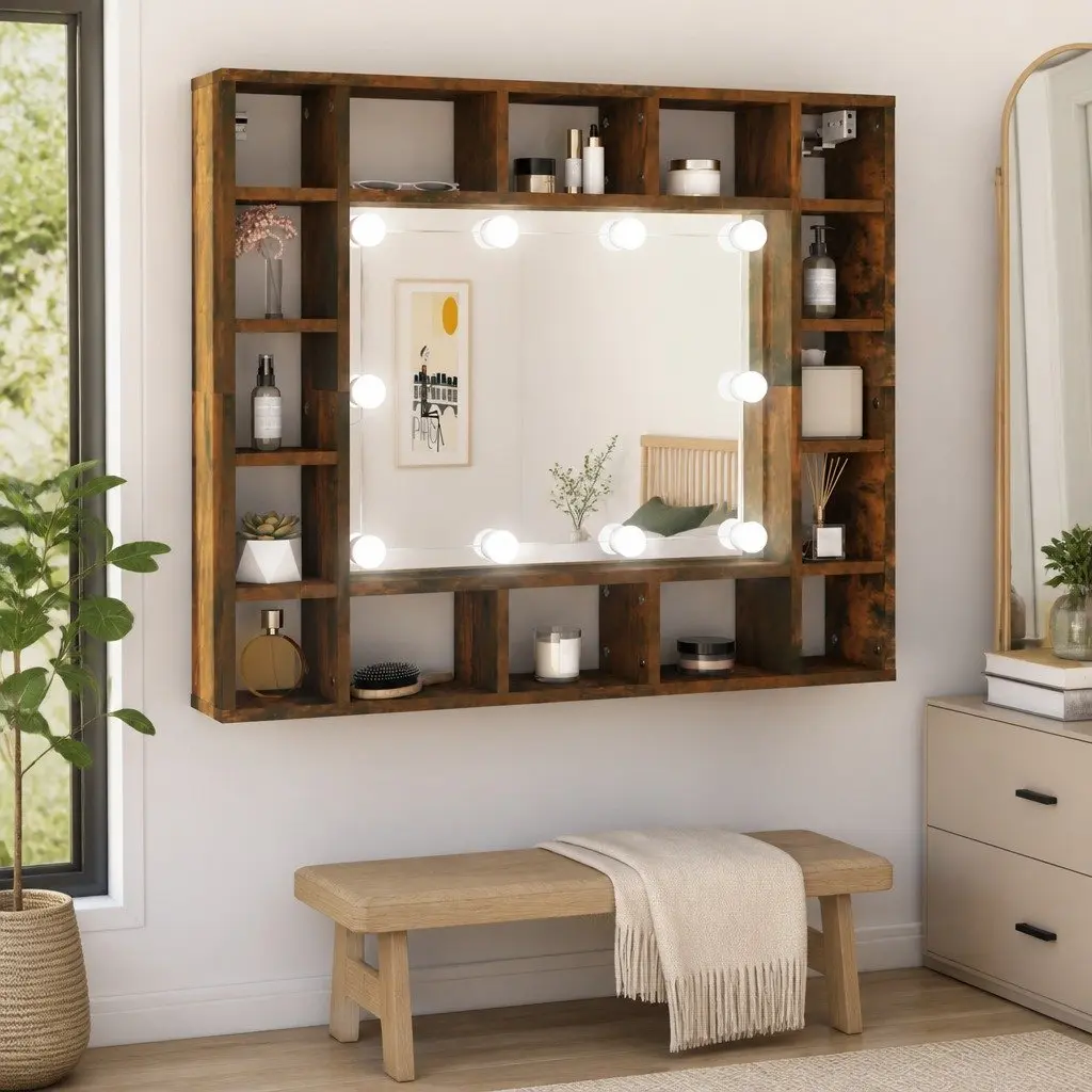 Bathroom Vanity Mirror Cabinet Wall-Mounted with LED Lights Brown 91W x 15D x 76.5H cm