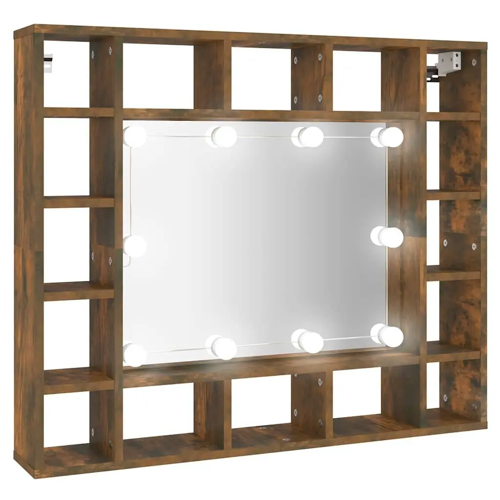 Bathroom Vanity Mirror Cabinet Wall-Mounted with LED Lights Brown 91W x 15D x 76.5H cm