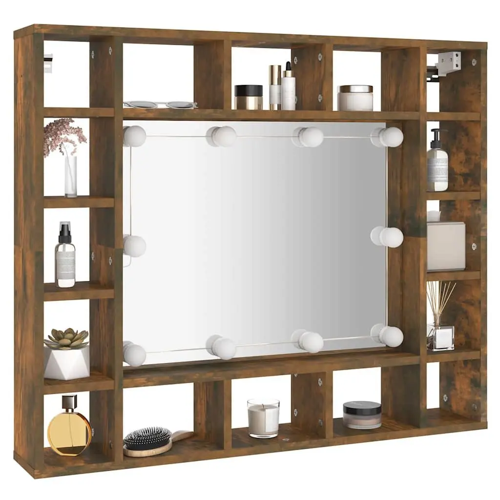 Bathroom Vanity Mirror Cabinet Wall-Mounted with LED Lights Brown 91W x 15D x 76.5H cm