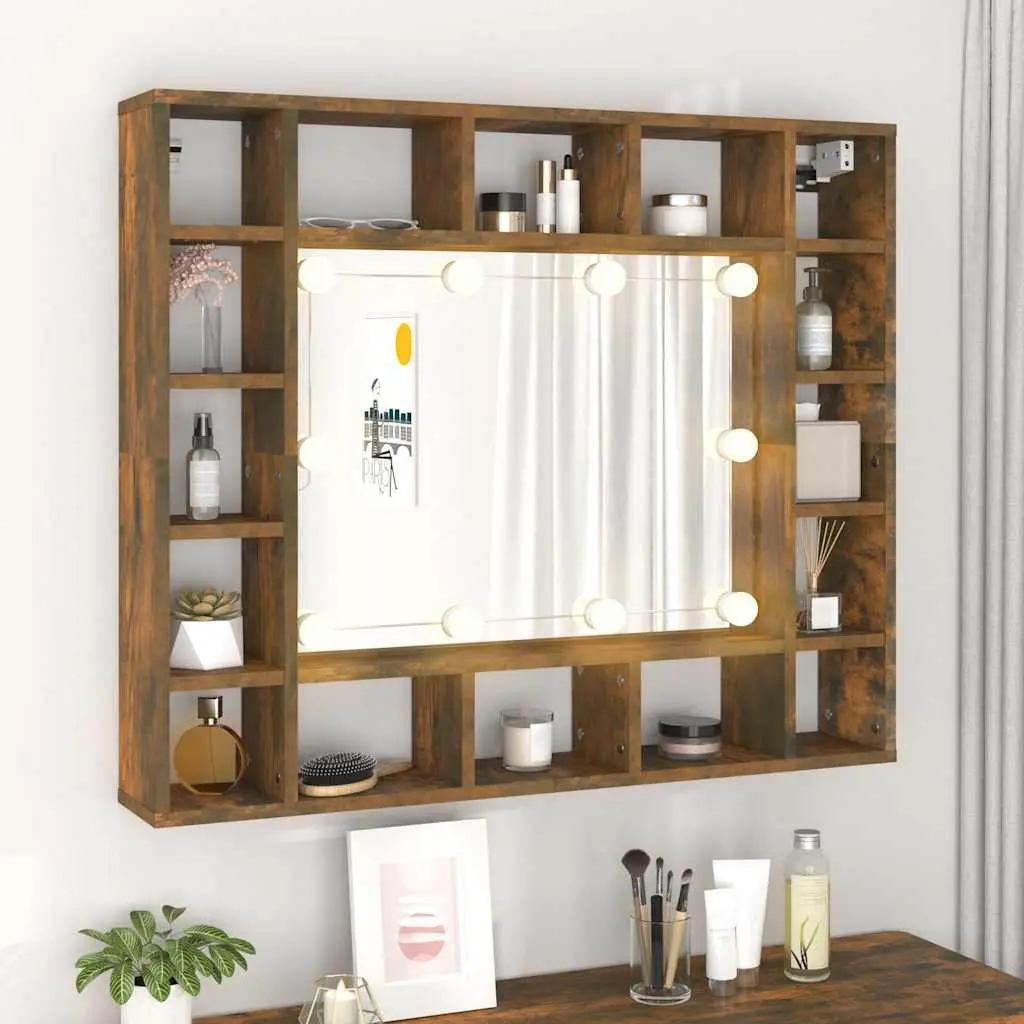Bathroom Vanity Mirror Cabinet Wall-Mounted with LED Lights Brown 91W x 15D x 76.5H cm