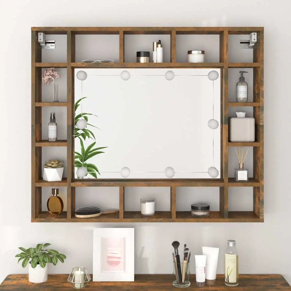 Bathroom Vanity Mirror Cabinet Wall-Mounted with LED Lights Brown 91W x 15D x 76.5H cm