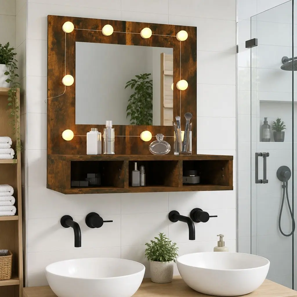 Mirror Cabinet Bathroom Vanity Storage Unit with LED Lights Brown 60x31.5x62 cm