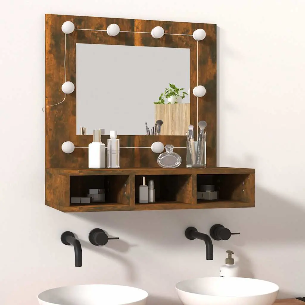 Mirror Cabinet Bathroom Vanity Storage Unit with LED Lights Brown 60x31.5x62 cm